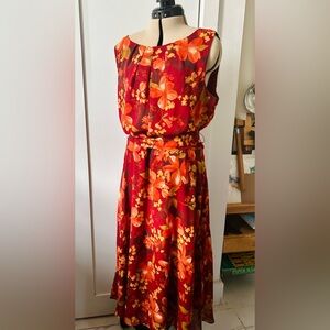 R&K Vibrant Red and Orange Floral Midi Dress